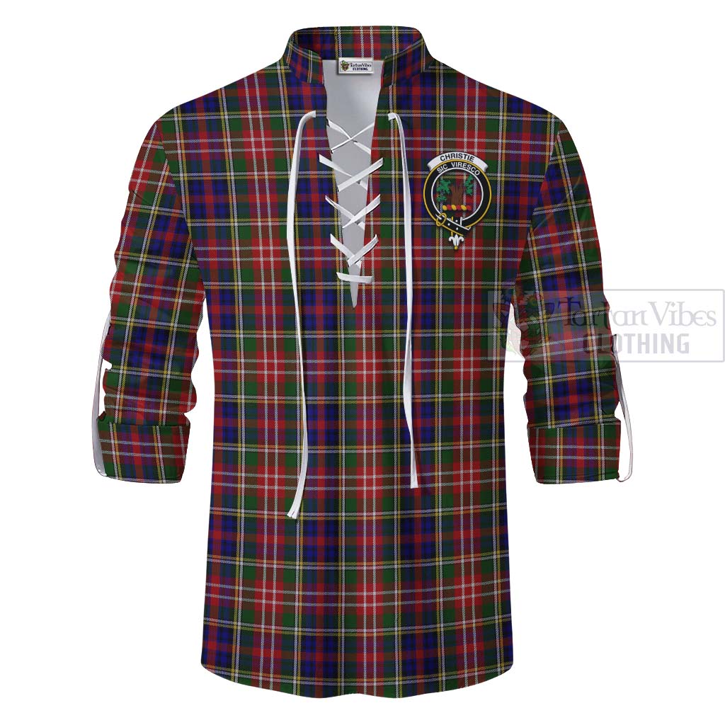 Tartan Vibes Clothing Christie Tartan Ghillie Kilt Shirt with Family Crest and Bearded Skull Holding Bottles of Whiskey