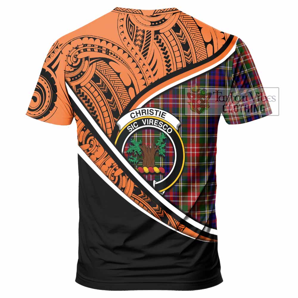 Tartan Vibes Clothing Christie Crest Tartan T-Shirt with Maori Tattoo Style - Orange Version