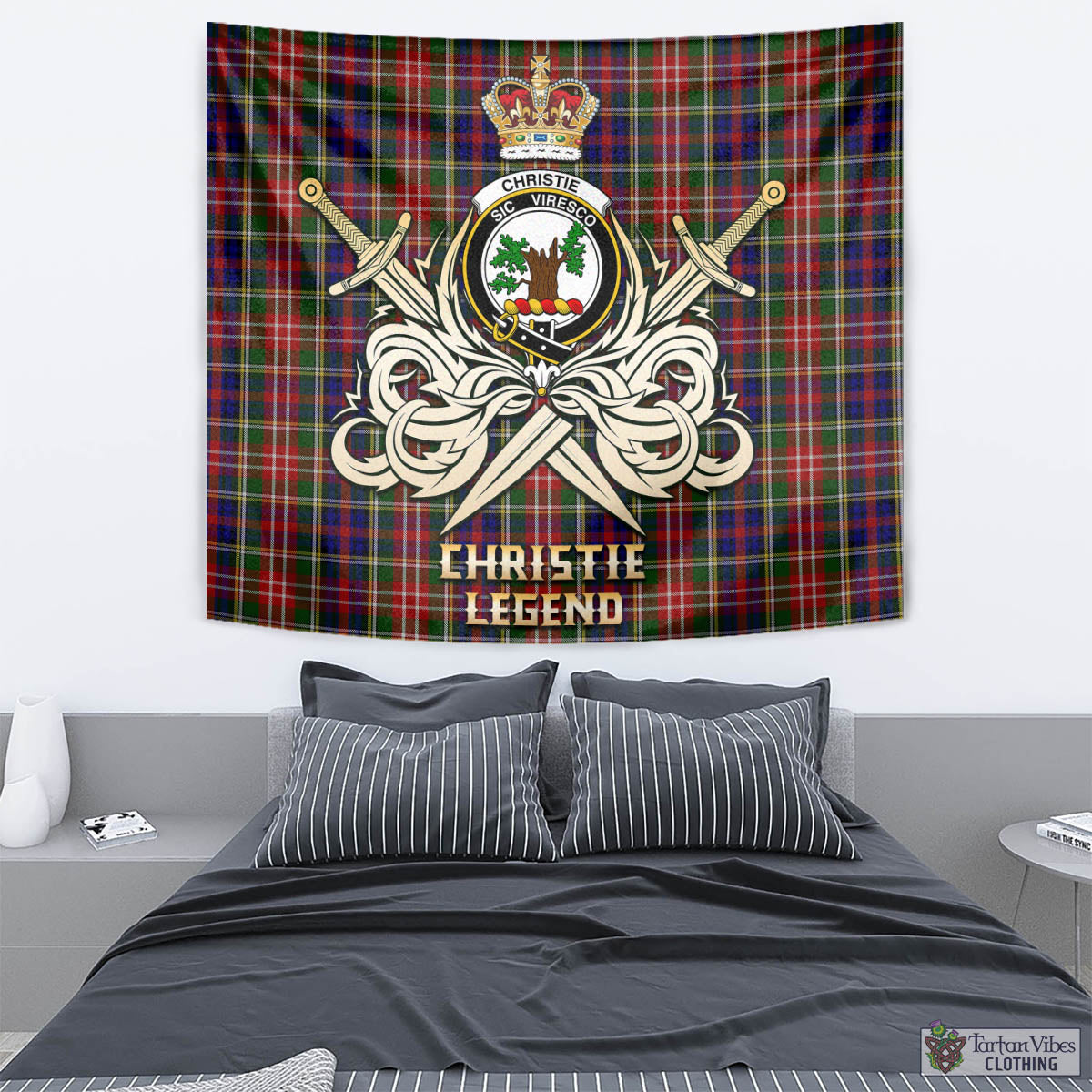 Tartan Vibes Clothing Christie Tartan Tapestry with Clan Crest and the Golden Sword of Courageous Legacy