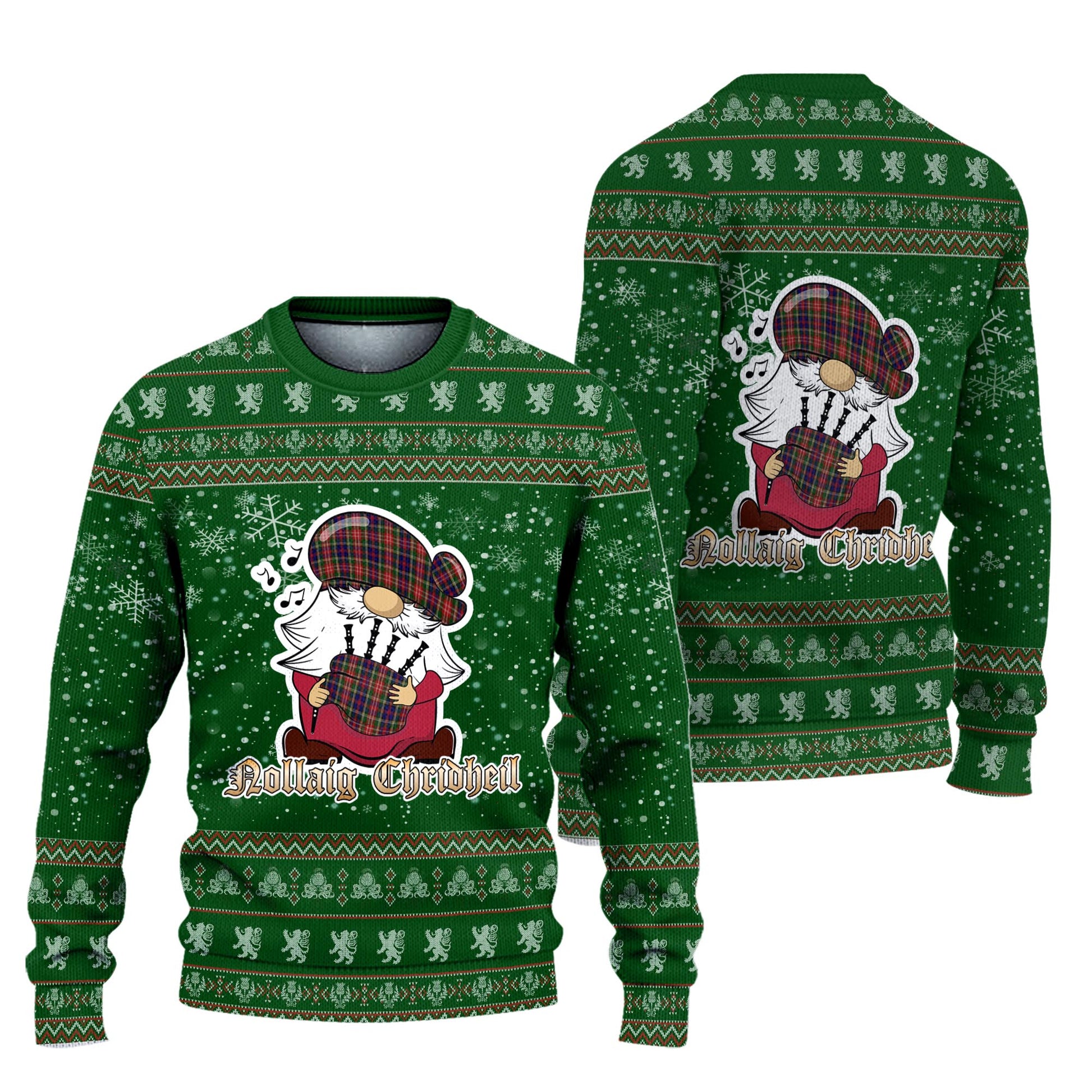 Christie Clan Christmas Family Knitted Sweater with Funny Gnome Playing Bagpipes Unisex Green - Tartanvibesclothing