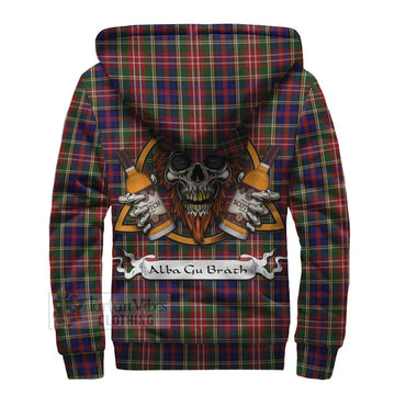 Christie Tartan Sherpa Hoodie with Family Crest and Bearded Skull Holding Bottles of Whiskey