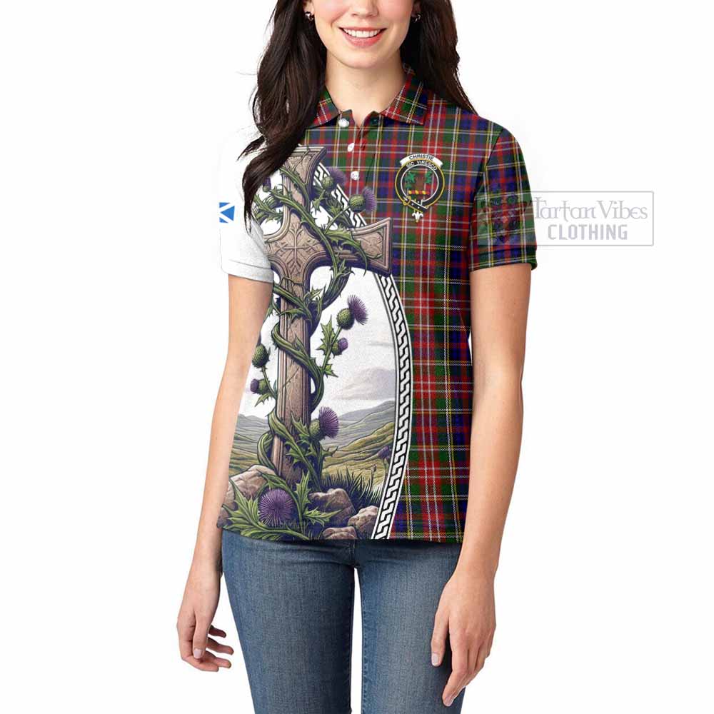 Tartan Vibes Clothing Christie Tartan Women's Polo Shirt with Family Crest and St. Andrew's Cross Accented by Thistle Vines