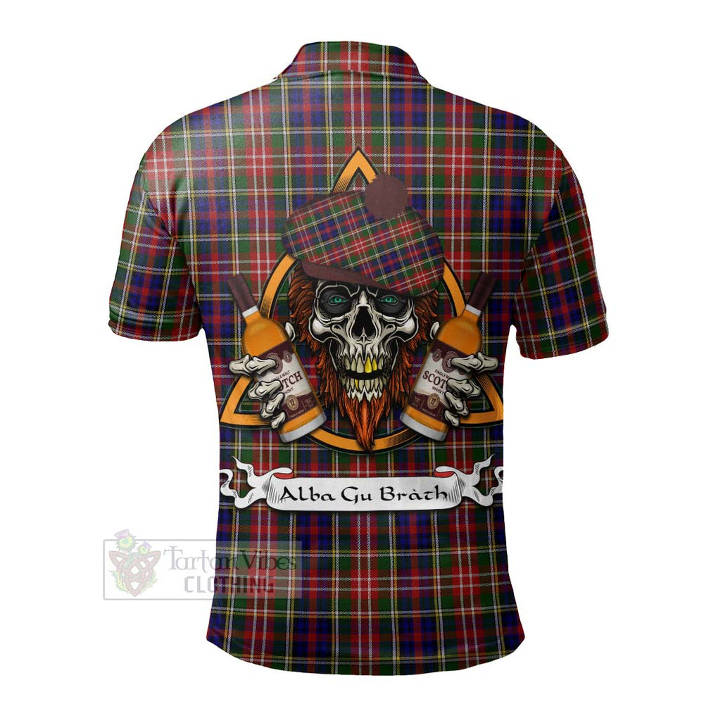 Tartan Vibes Clothing Christie Tartan Polo Shirt with Family Crest and Bearded Skull Holding Bottles of Whiskey