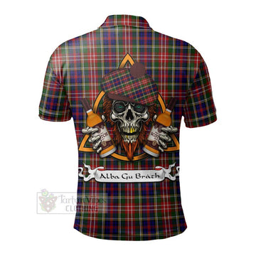 Christie Tartan Polo Shirt with Family Crest and Bearded Skull Holding Bottles of Whiskey