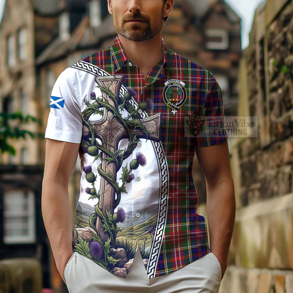 Tartan Vibes Clothing Christie Tartan Short Sleeve Button Shirt with Family Crest and St. Andrew's Cross Accented by Thistle Vines