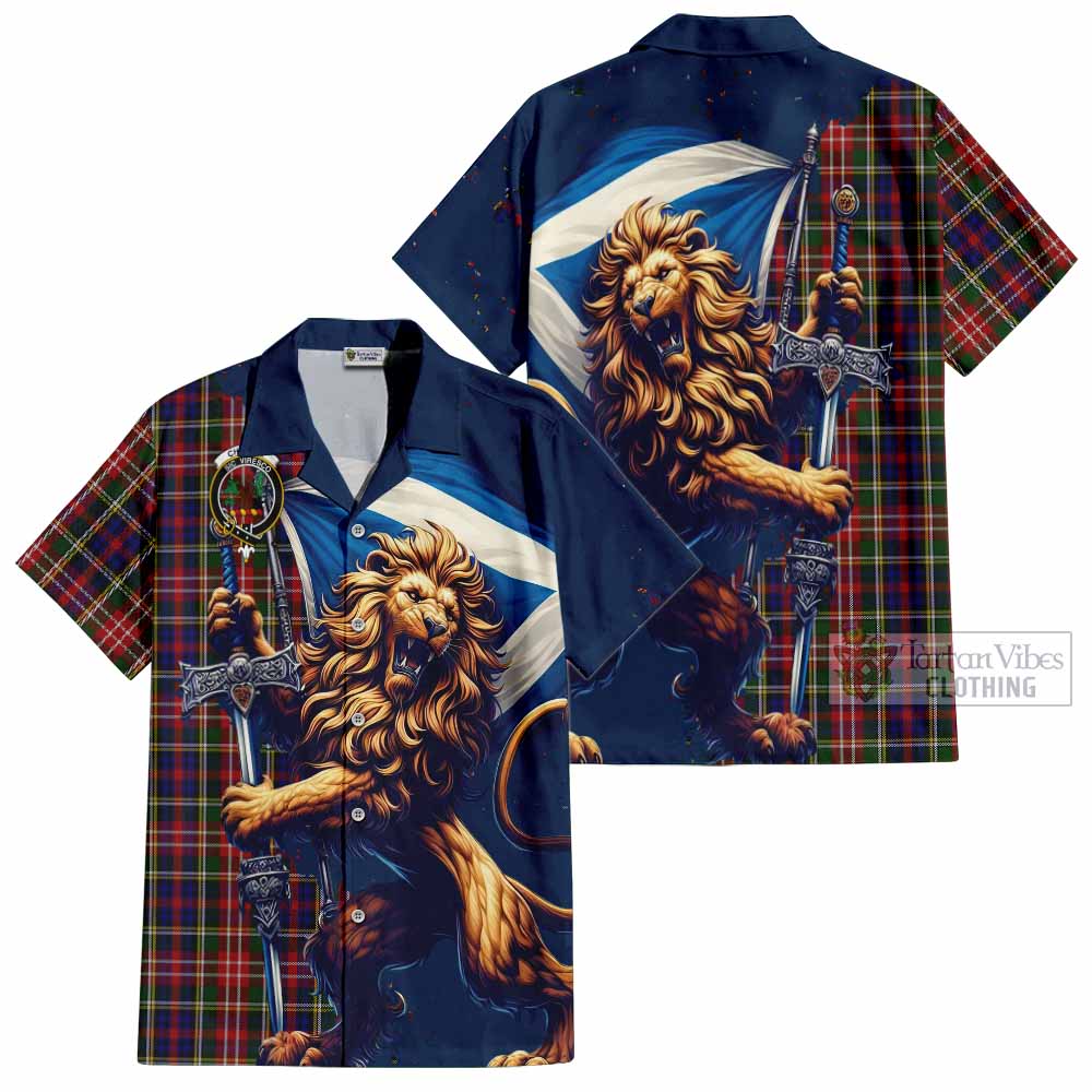 Tartan Vibes Clothing Christie Tartan Family Crest Short Sleeve Button Shirt with Scottish Majestic Lion