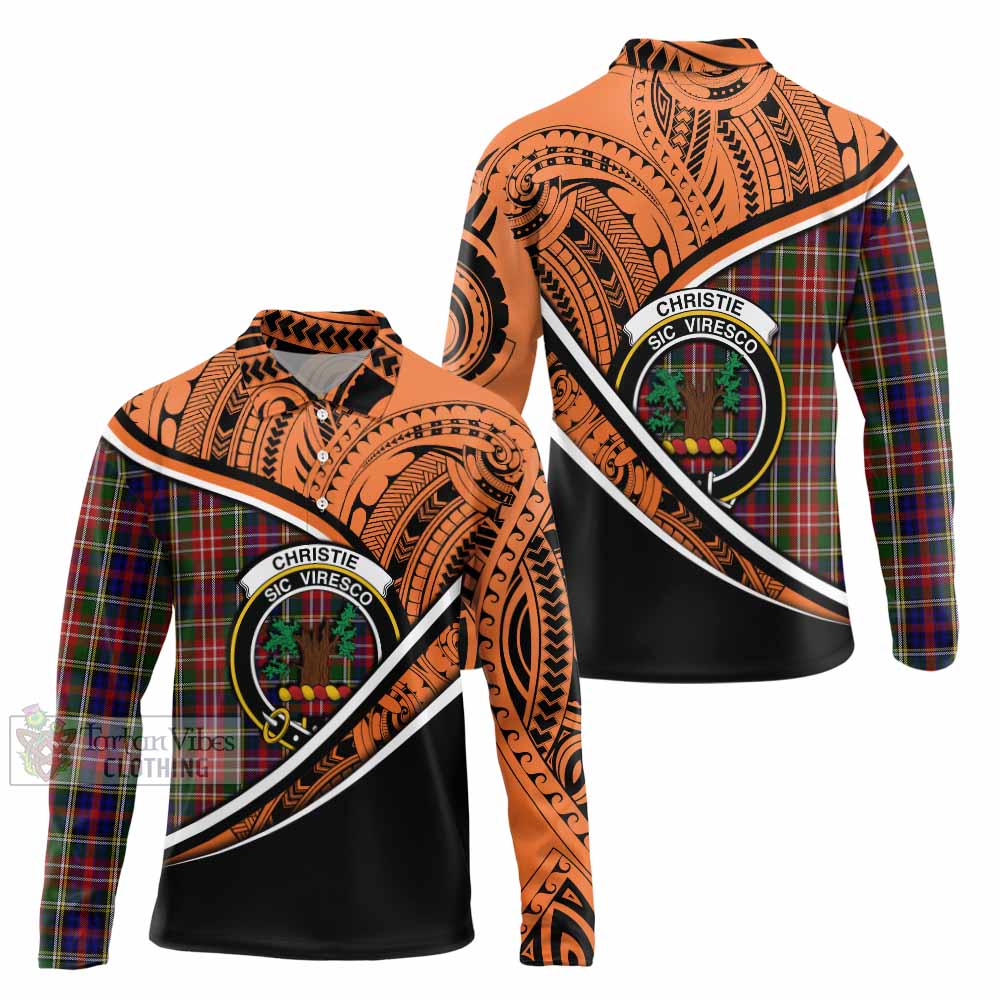 Tartan Vibes Clothing Christie Crest Tartan Long Sleeve Polo Shirt with Maori Tattoo Style - Orange Version