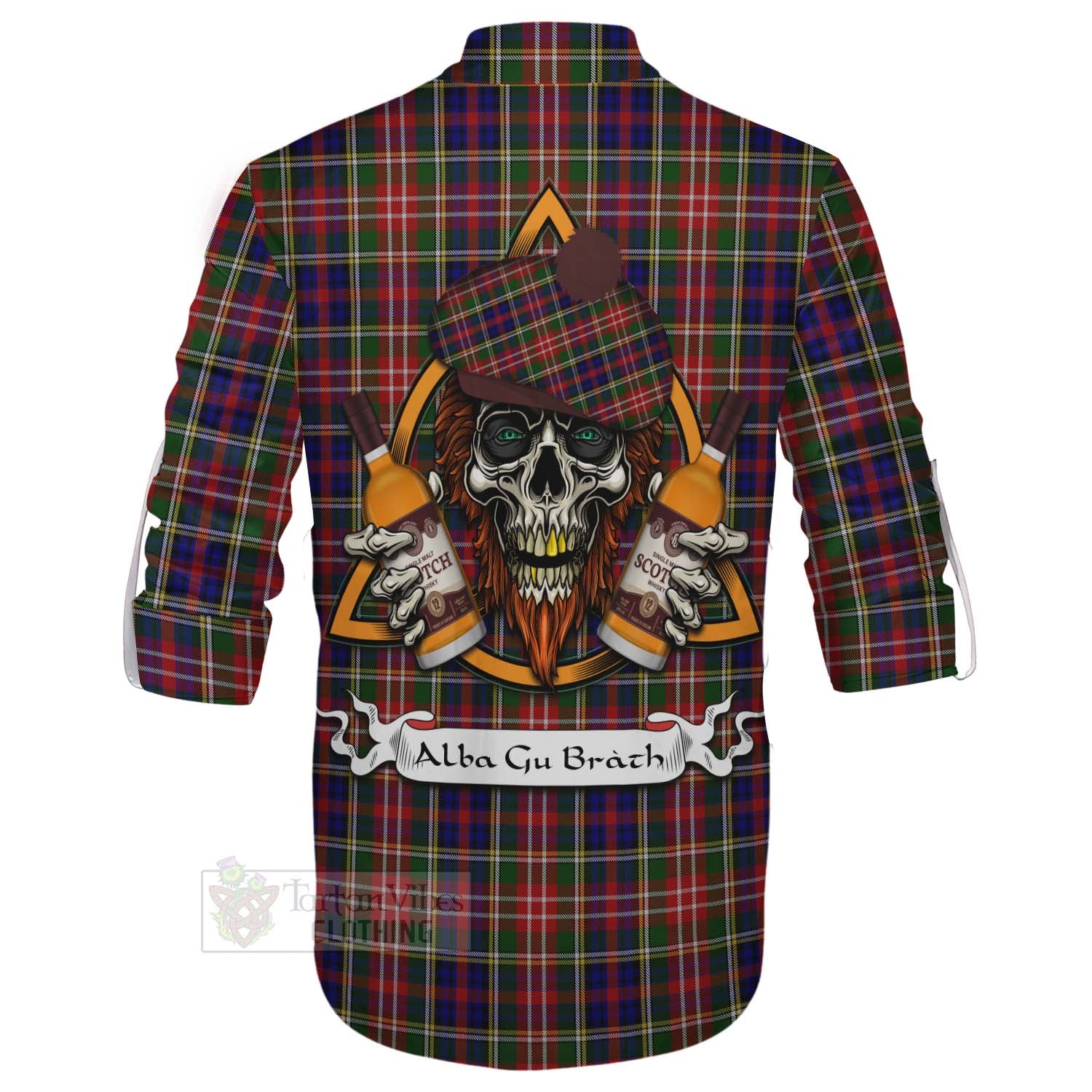 Tartan Vibes Clothing Christie Tartan Ghillie Kilt Shirt with Family Crest and Bearded Skull Holding Bottles of Whiskey