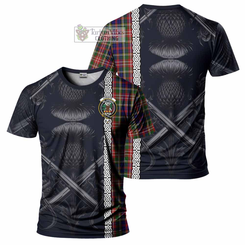 Tartan Vibes Clothing Christie Tartan T-Shirt with Family Crest Cross Sword Thistle Celtic Vibes