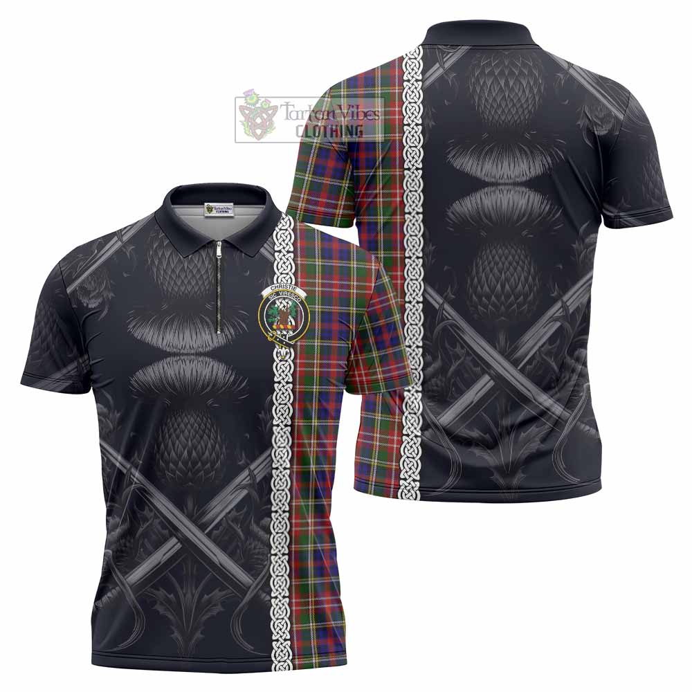 Tartan Vibes Clothing Christie Tartan Zipper Polo Shirt with Family Crest Cross Sword Thistle Celtic Vibes