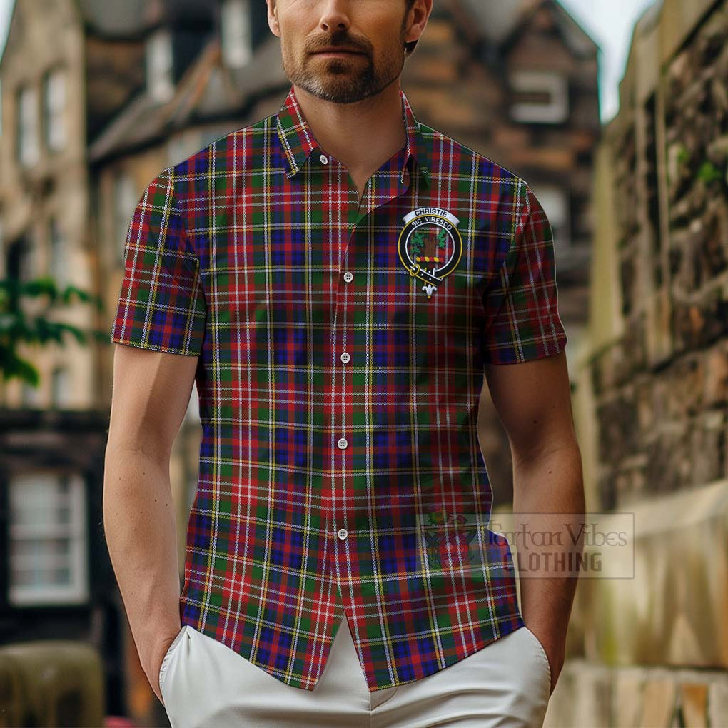 Tartan Vibes Clothing Christie Tartan Short Sleeve Button Shirt with Family Crest Celtic Skull Style