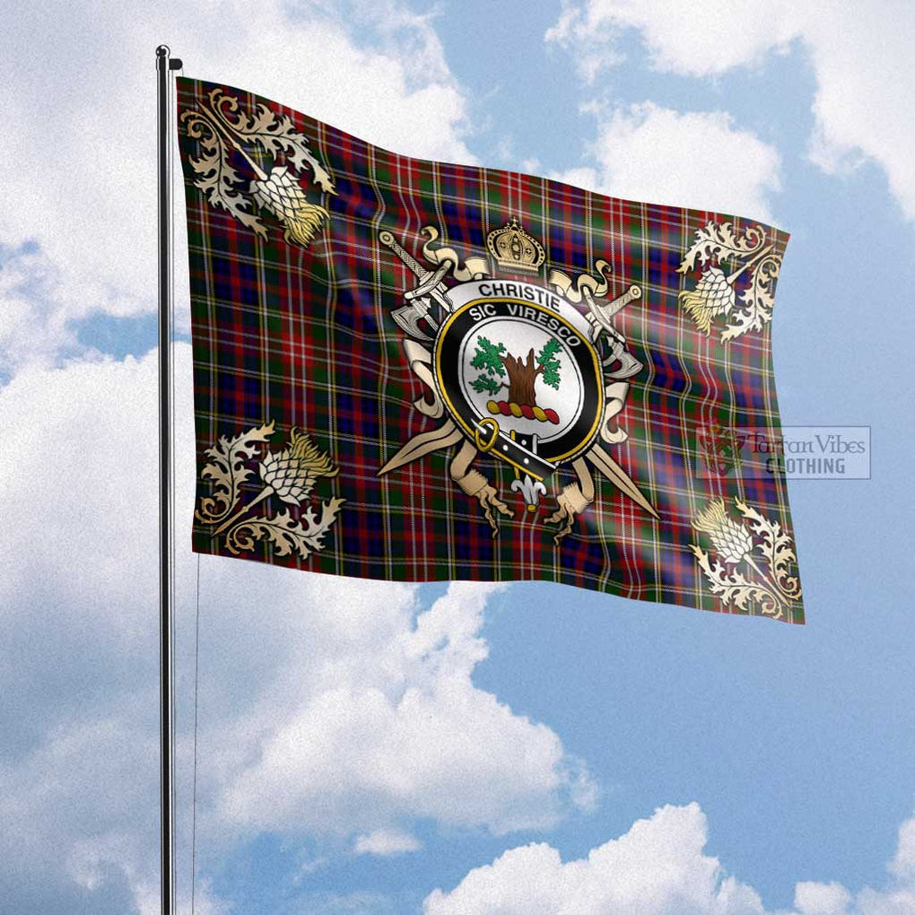 Tartan Vibes Clothing Christie Tartan Flag with Family Crest and Golden Thistle Crossed Sword Design