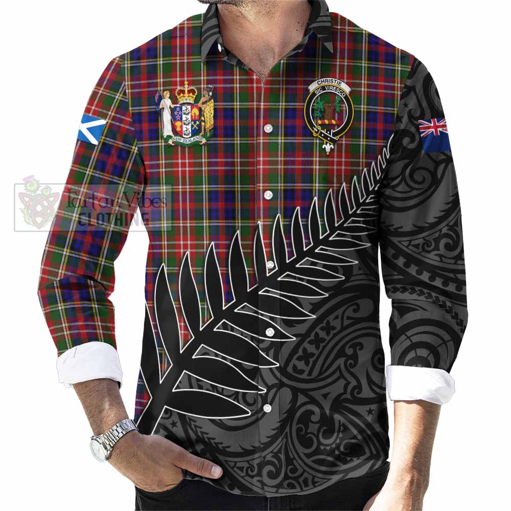 Tartan Vibes Clothing Christie Crest Tartan Long Sleeve Button Shirt with New Zealand Silver Fern Half Style