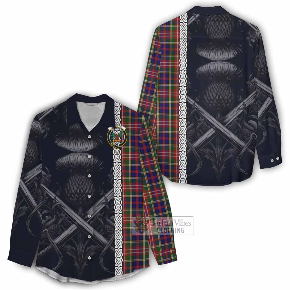 Tartan Vibes Clothing Christie Tartan Women's Casual Shirt with Family Crest Cross Sword Thistle Celtic Vibes