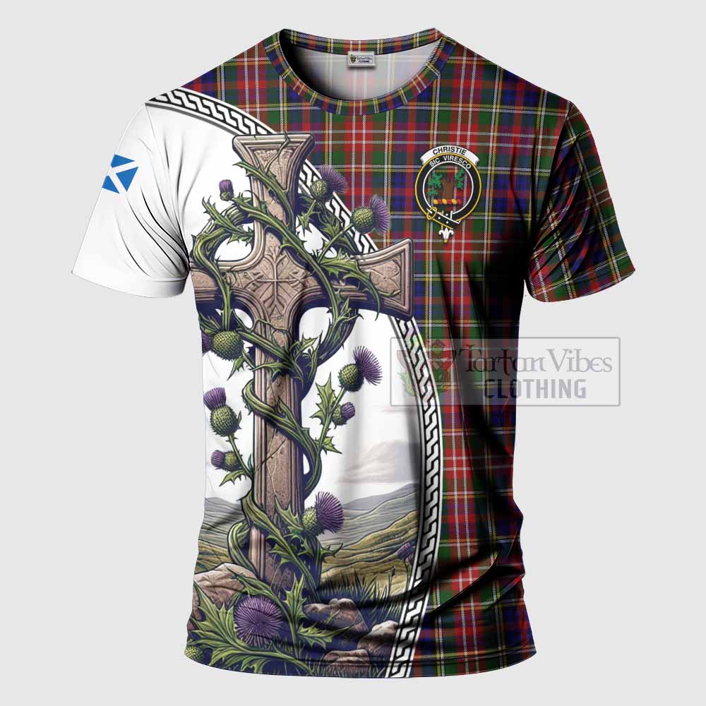 Tartan Vibes Clothing Christie Agnew Tartan T-Shirt with Family Crest and St. Andrew's Cross Accented by Thistle Vines