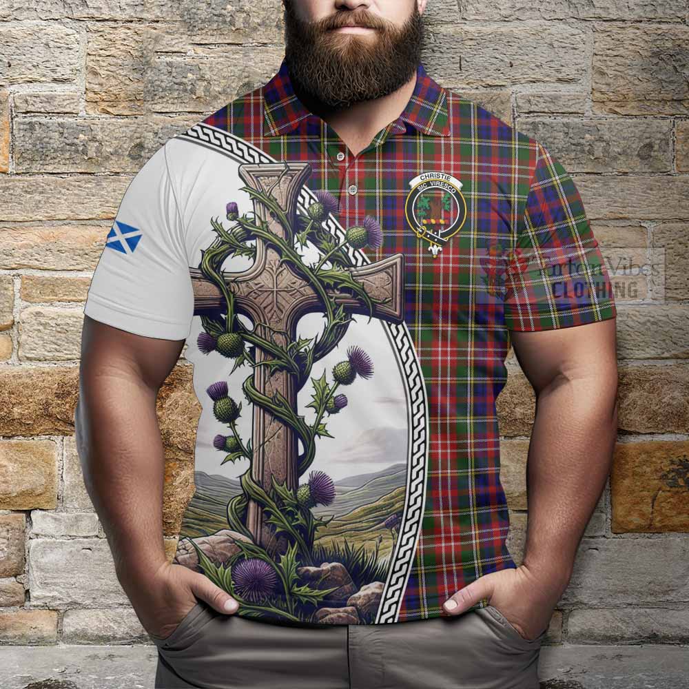 Tartan Vibes Clothing Christie Tartan Polo Shirt with Family Crest and St. Andrew's Cross Accented by Thistle Vines