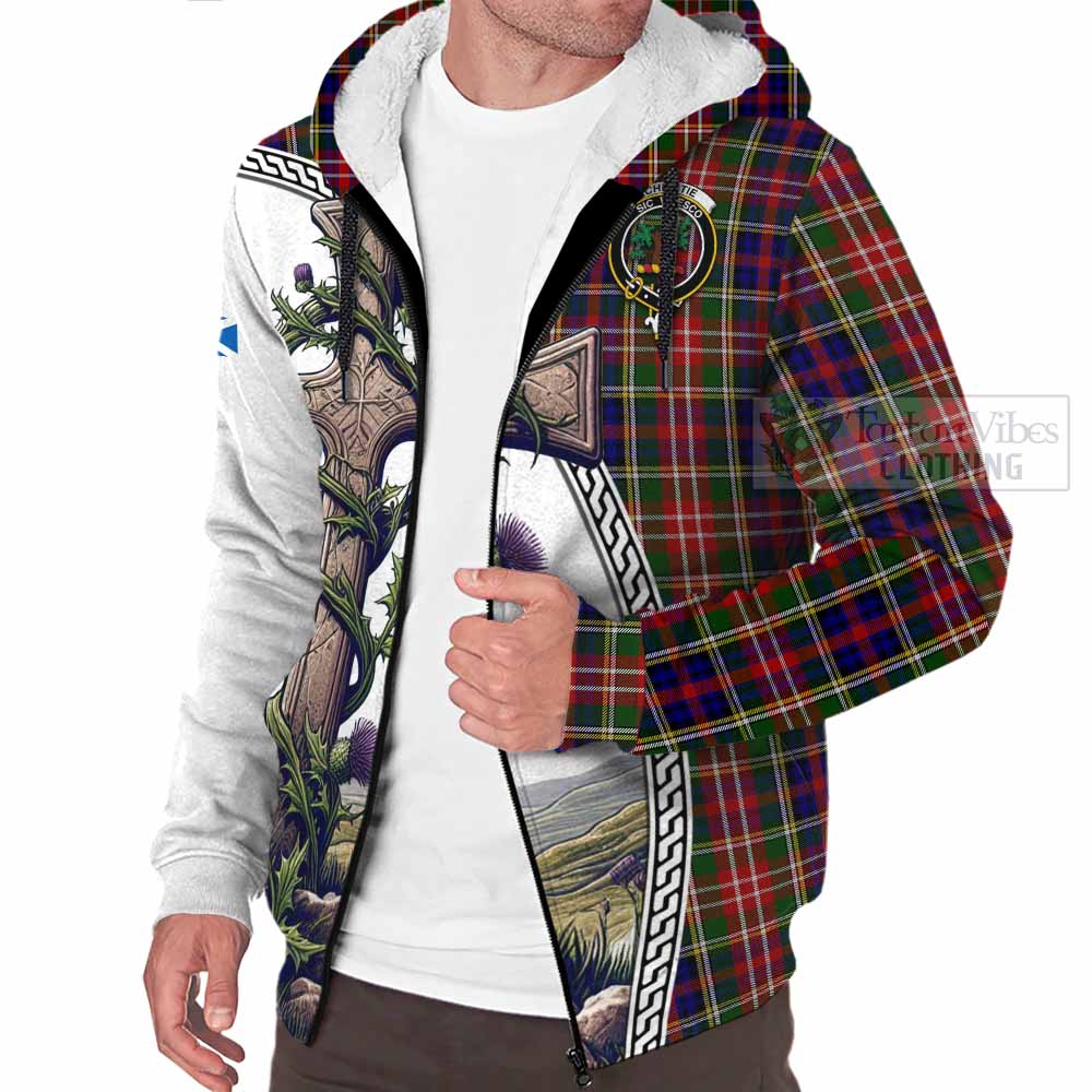 Tartan Vibes Clothing Christie Tartan Sherpa Hoodie with Family Crest and St. Andrew's Cross Accented by Thistle Vines