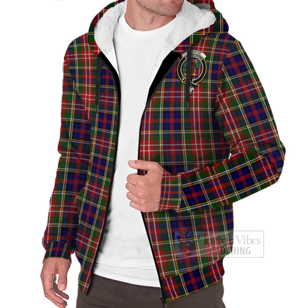 Tartan Vibes Clothing Christie Tartan Sherpa Hoodie with Family Crest and Bearded Skull Holding Bottles of Whiskey