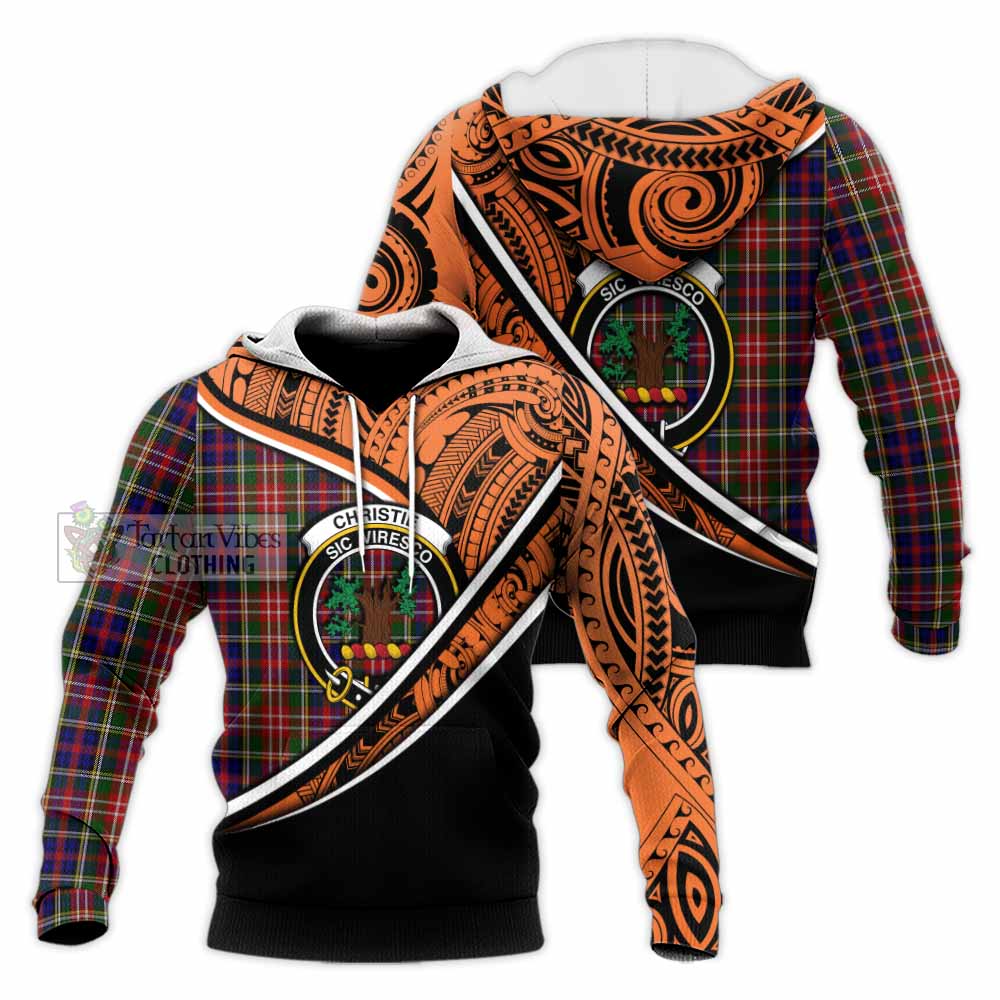 Tartan Vibes Clothing Christie Crest Tartan Knitted Hoodie with Maori Tattoo Style - Orange Version