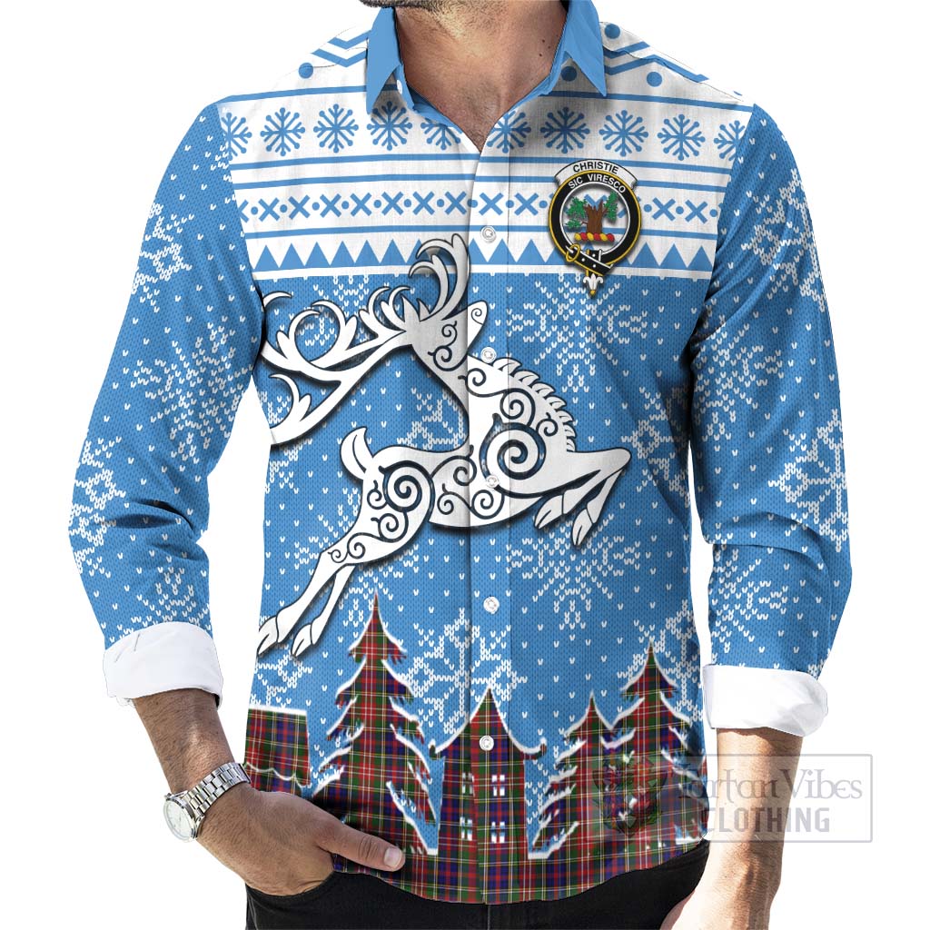 Tartan Vibes Clothing Christie Clan Christmas Long Sleeve Button Shirt Celtic Reindeer Style