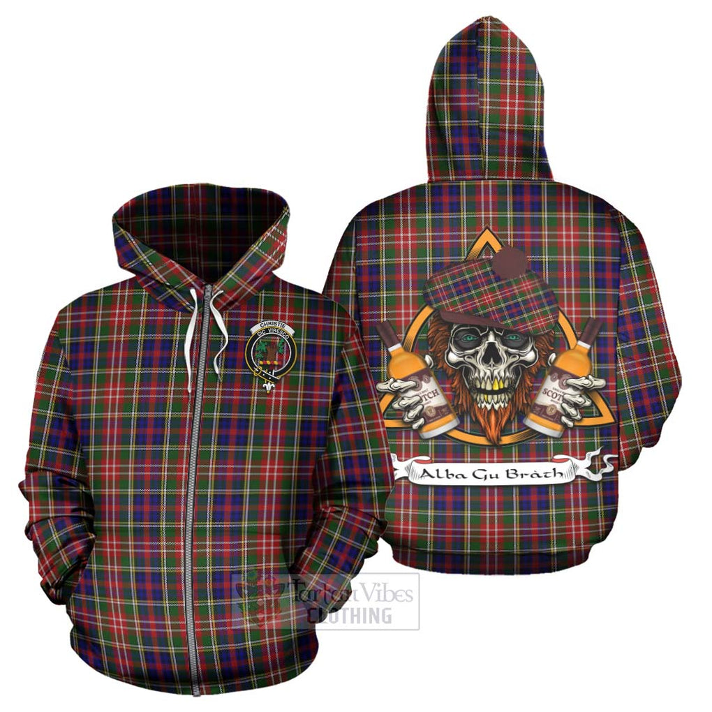 Tartan Vibes Clothing Christie Tartan Hoodie with Family Crest and Bearded Skull Holding Bottles of Whiskey