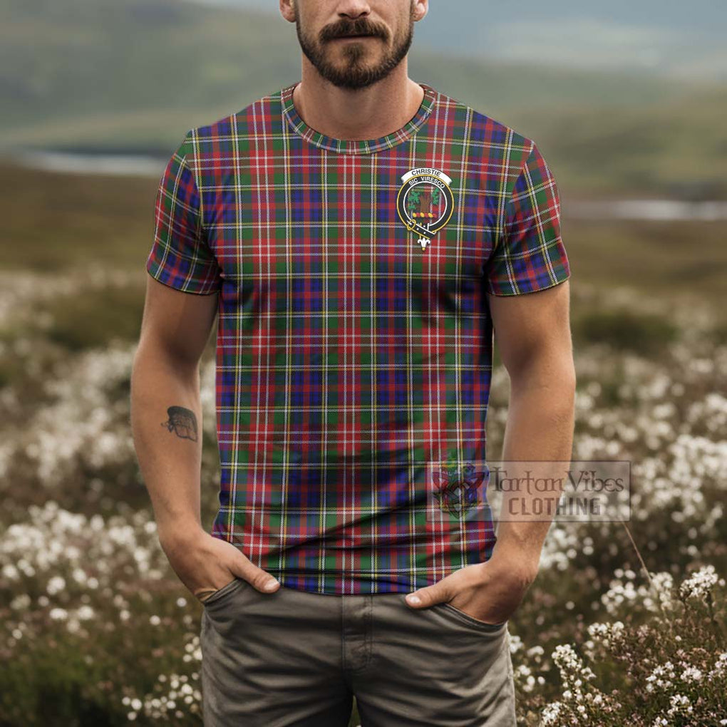 Tartan Vibes Clothing Christie Tartan T-Shirt with Family Crest and Bearded Skull Holding Bottles of Whiskey