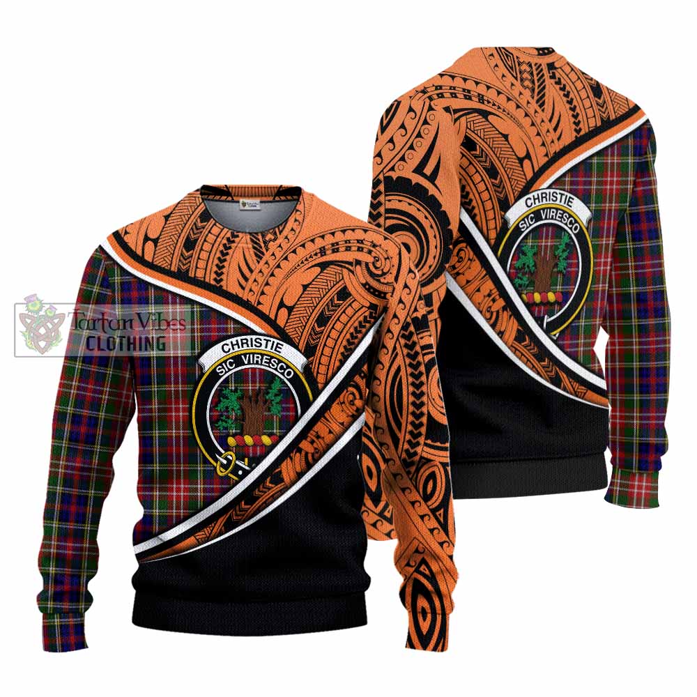 Tartan Vibes Clothing Christie Crest Tartan Knitted Sweater with Maori Tattoo Style - Orange Version