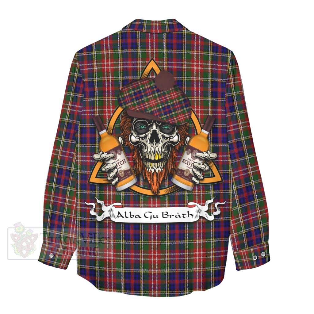 Tartan Vibes Clothing Christie Tartan Women's Casual Shirt with Family Crest and Bearded Skull Holding Bottles of Whiskey