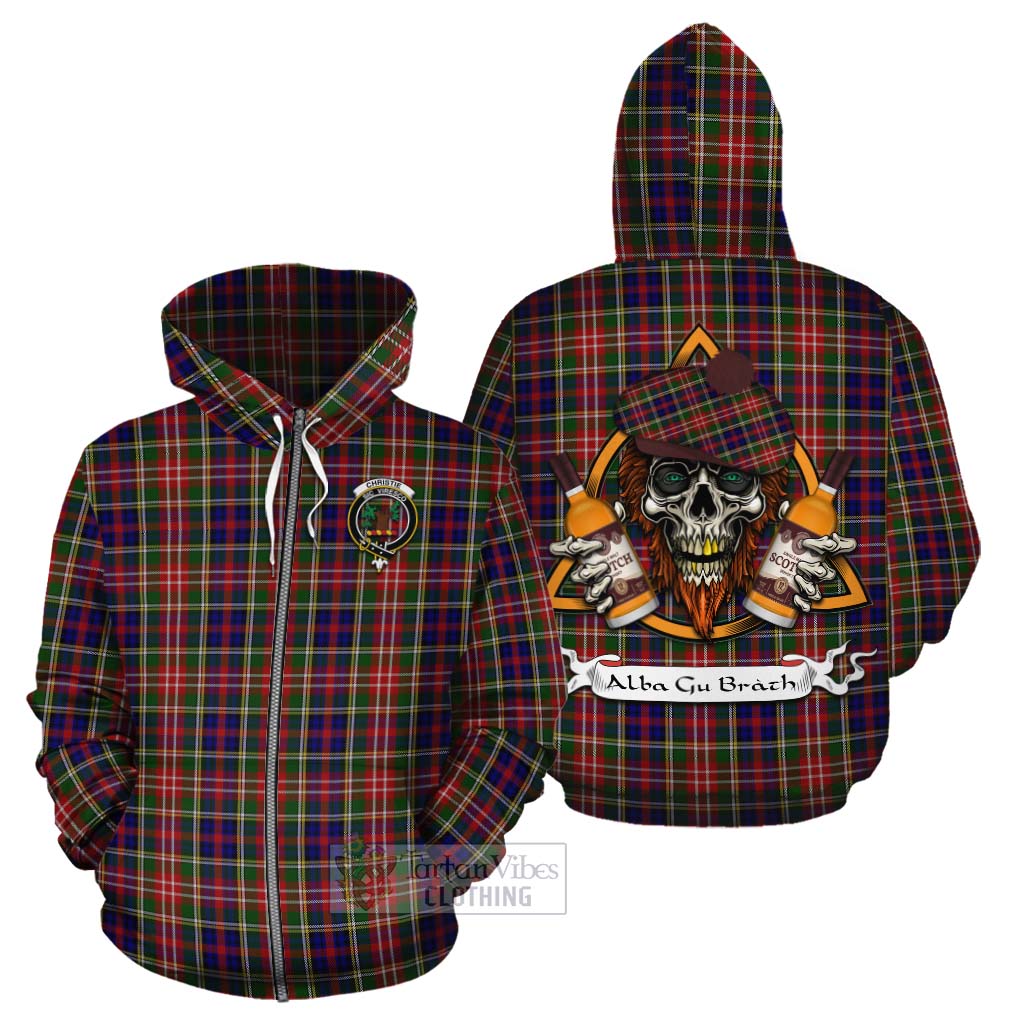 Tartan Vibes Clothing Christie Tartan Cotton Hoodie with Family Crest and Bearded Skull Holding Bottles of Whiskey