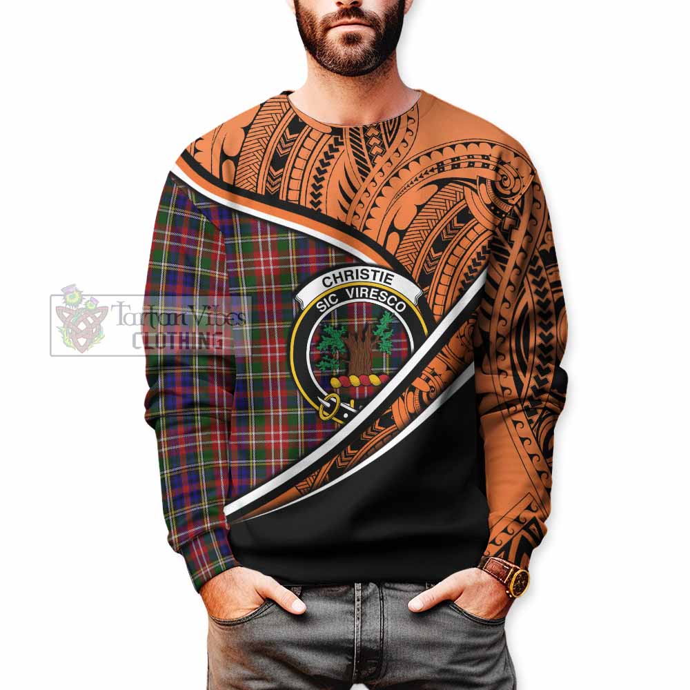 Tartan Vibes Clothing Christie Crest Tartan Sweatshirt with Maori Tattoo Style - Orange Version