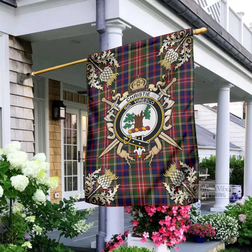 Tartan Vibes Clothing Christie Tartan Flag with Family Crest and Golden Thistle Crossed Sword Design