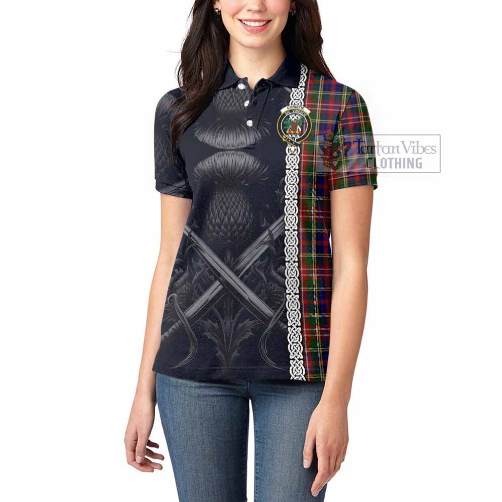 Tartan Vibes Clothing Christie Tartan Women's Polo Shirt with Family Crest Cross Sword Thistle Celtic Vibes