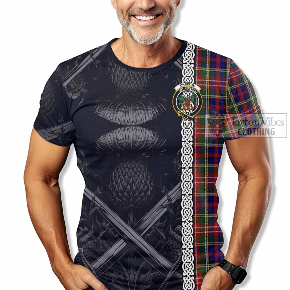 Tartan Vibes Clothing Christie Tartan T-Shirt with Family Crest Cross Sword Thistle Celtic Vibes