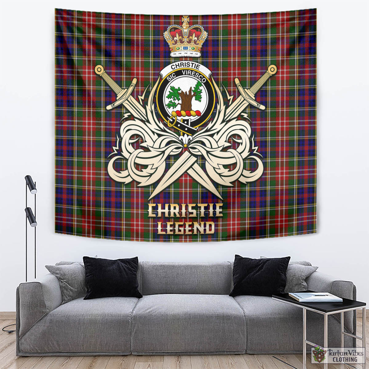 Tartan Vibes Clothing Christie Tartan Tapestry with Clan Crest and the Golden Sword of Courageous Legacy