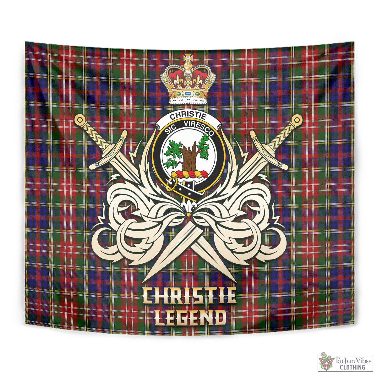 Tartan Vibes Clothing Christie Tartan Tapestry with Clan Crest and the Golden Sword of Courageous Legacy