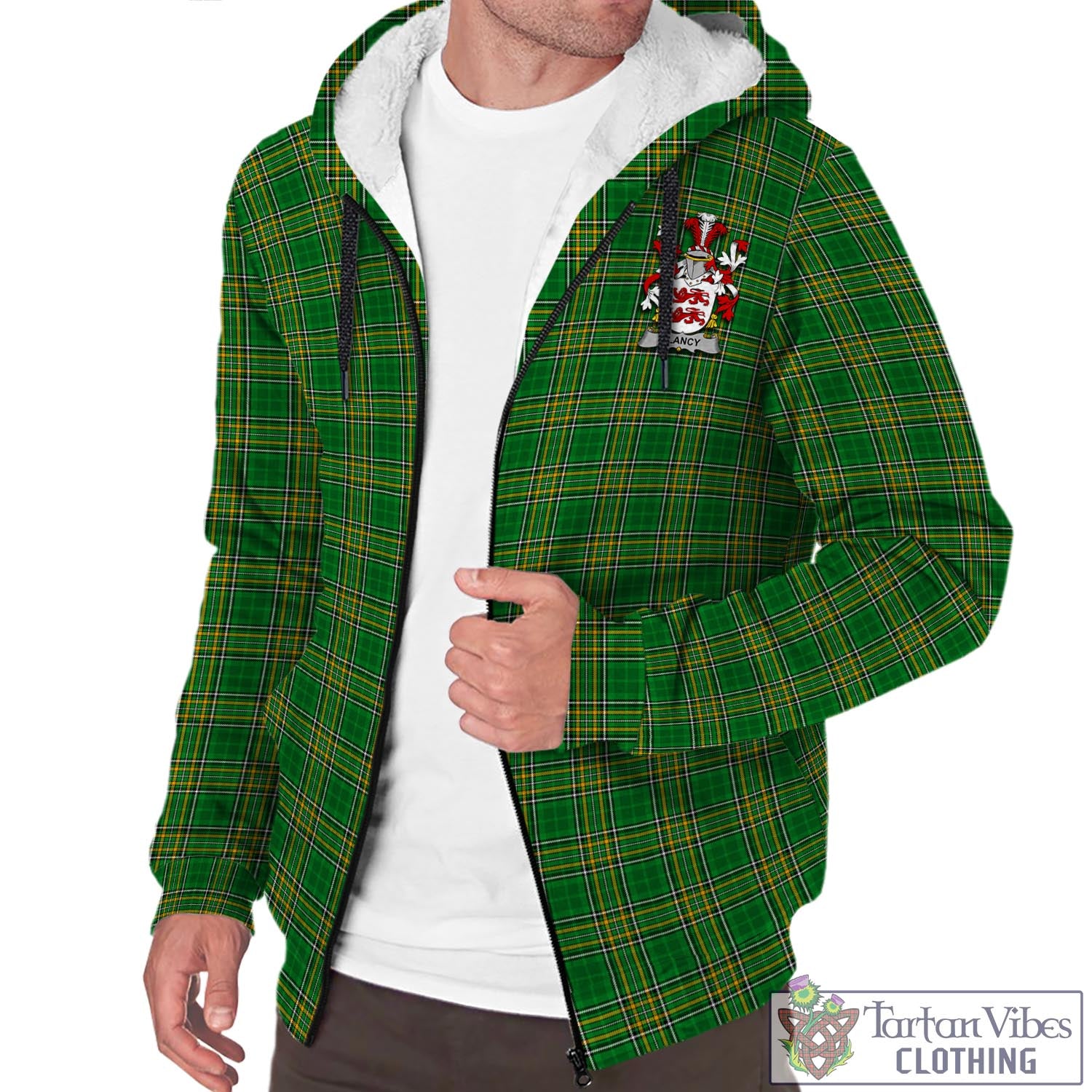 Tartan Vibes Clothing Clancy Ireland Clan Tartan Sherpa Hoodie with Coat of Arms