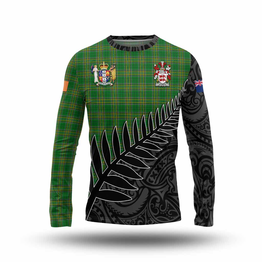 Tartan Vibes Clothing Clancy Irish Clan Tartan Long Sleeve T-Shirt with Coat of Arms New Zealand Silver Fern Half Style