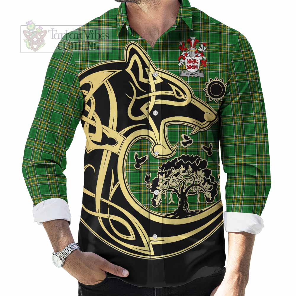 Tartan Vibes Clothing Clancy Irish Tartan Long Sleeve Button Shirt with Coat of Arms Celtic Wolf Style