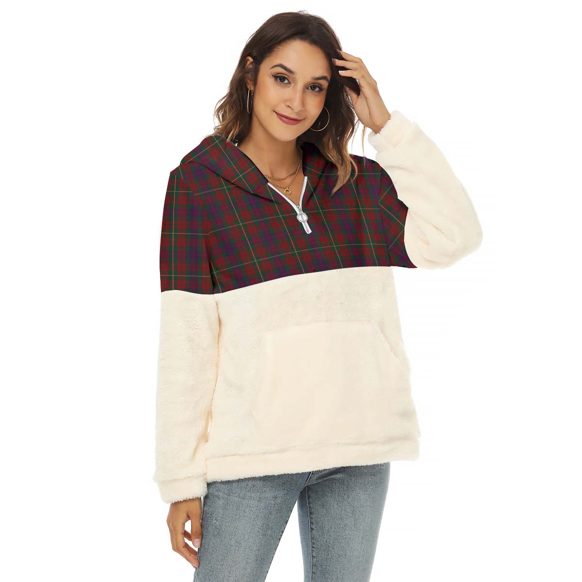 Clare County Ireland Tartan Women's Borg Fleece Hoodie With Half Zip Female - Tartan Vibes Clothing