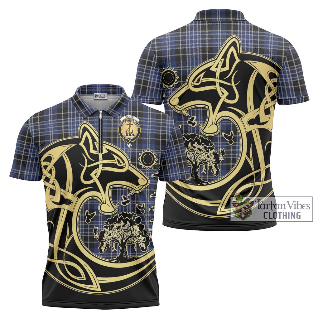 Clark (Clarke) Tartan Zipper Polo Shirt with Family Crest Celtic Wolf Style Unisex - Tartanvibesclothing Shop