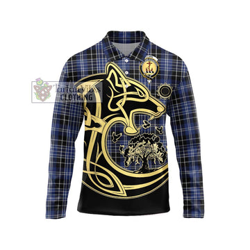 Clark (Clarke) Tartan Long Sleeve Polo Shirt with Family Crest Celtic Wolf Style