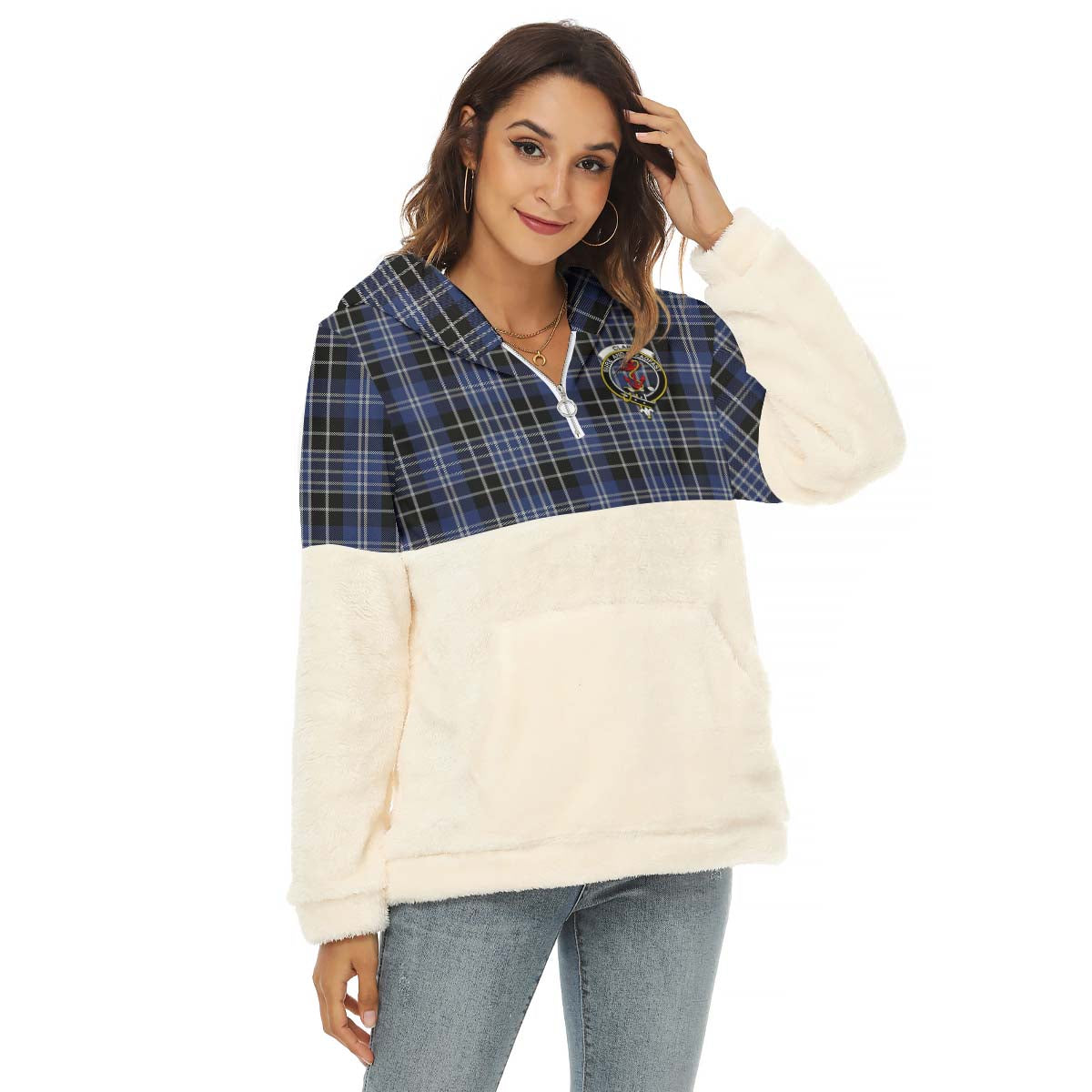 Clark (Clarke) Tartan Women's Borg Fleece Hoodie With Half Zip with Family Crest Female - Tartan Vibes Clothing