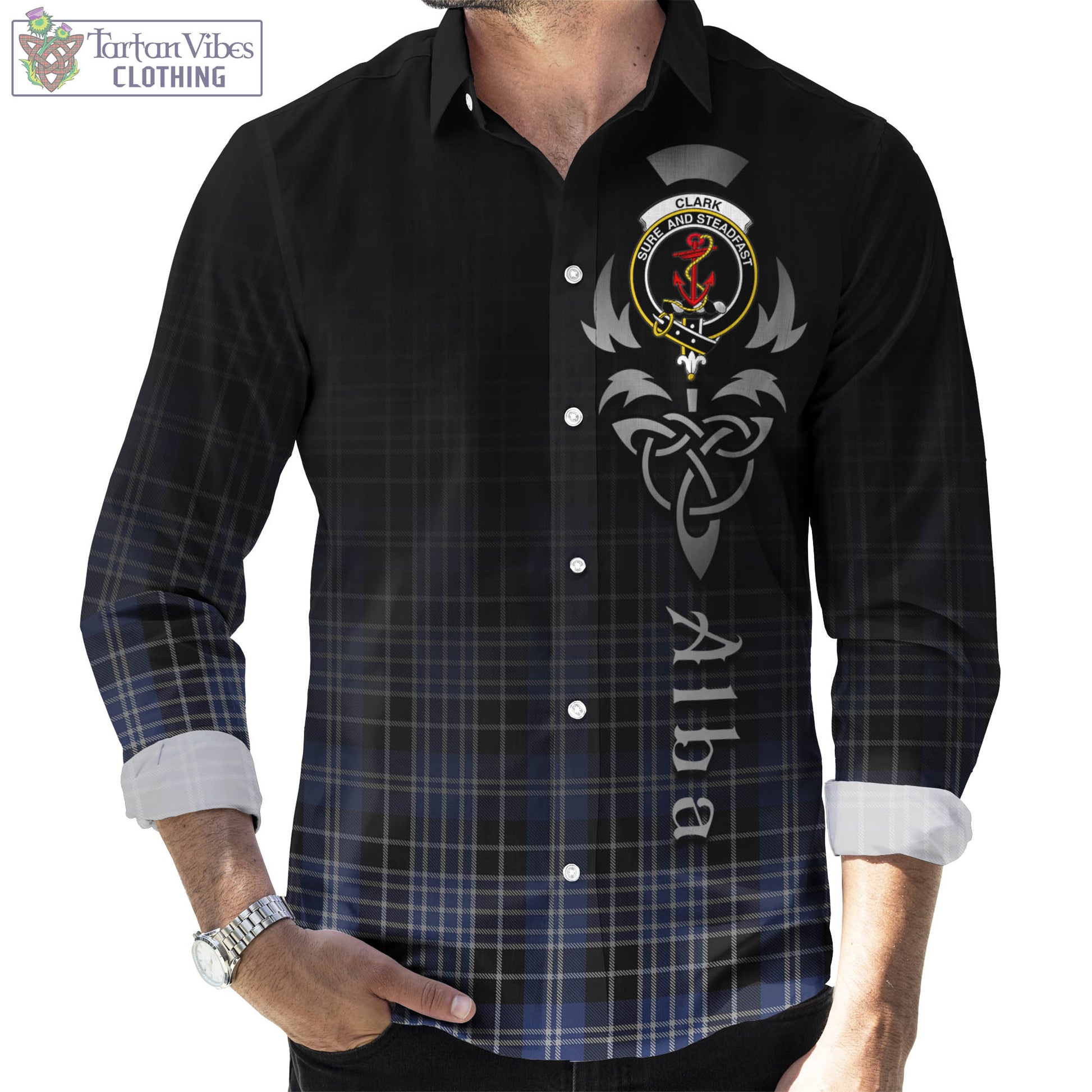 Tartan Vibes Clothing Clark Tartan Long Sleeve Button Up Featuring Alba Gu Brath Family Crest Celtic Inspired