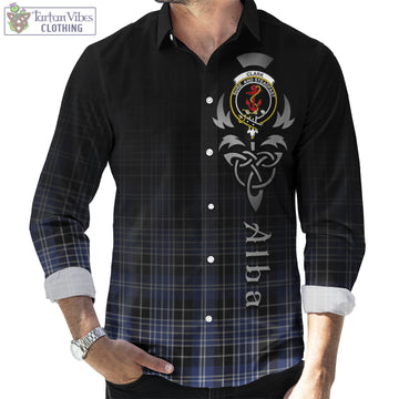 Clark (Clarke) Tartan Long Sleeve Button Up Featuring Alba Gu Brath Family Crest Celtic Inspired