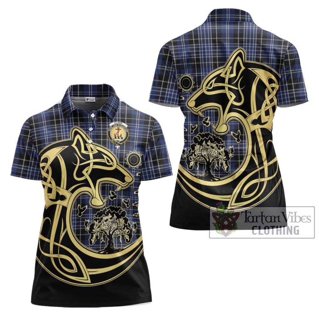 Clark (Clarke) Tartan Women's Polo Shirt with Family Crest Celtic Wolf Style Women - Tartanvibesclothing Shop