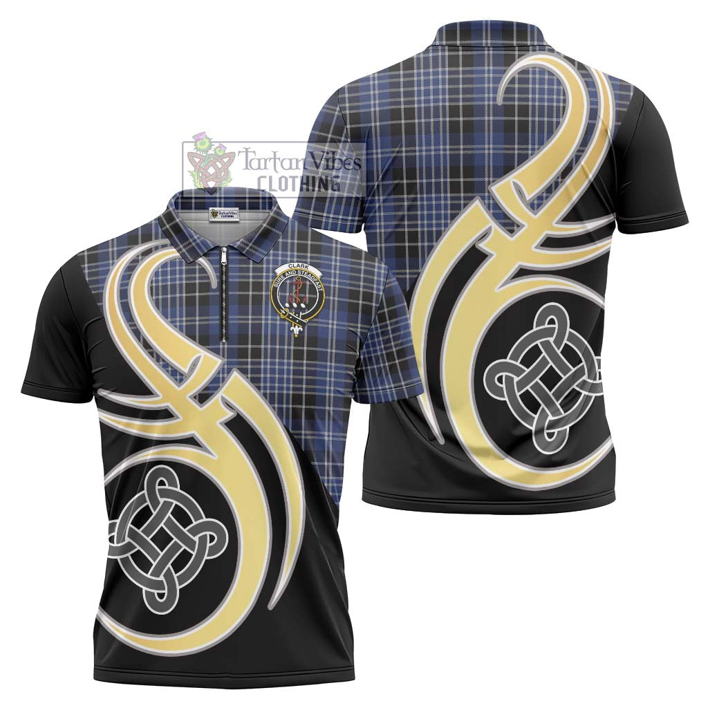 Tartan Vibes Clothing Clark Tartan Zipper Polo Shirt with Family Crest and Celtic Symbol Style