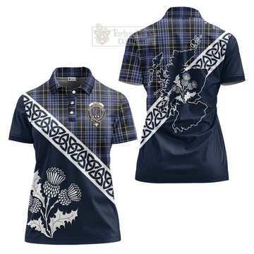 Clark (Clarke) Tartan Women's Polo Shirt Featuring Thistle and Scotland Map