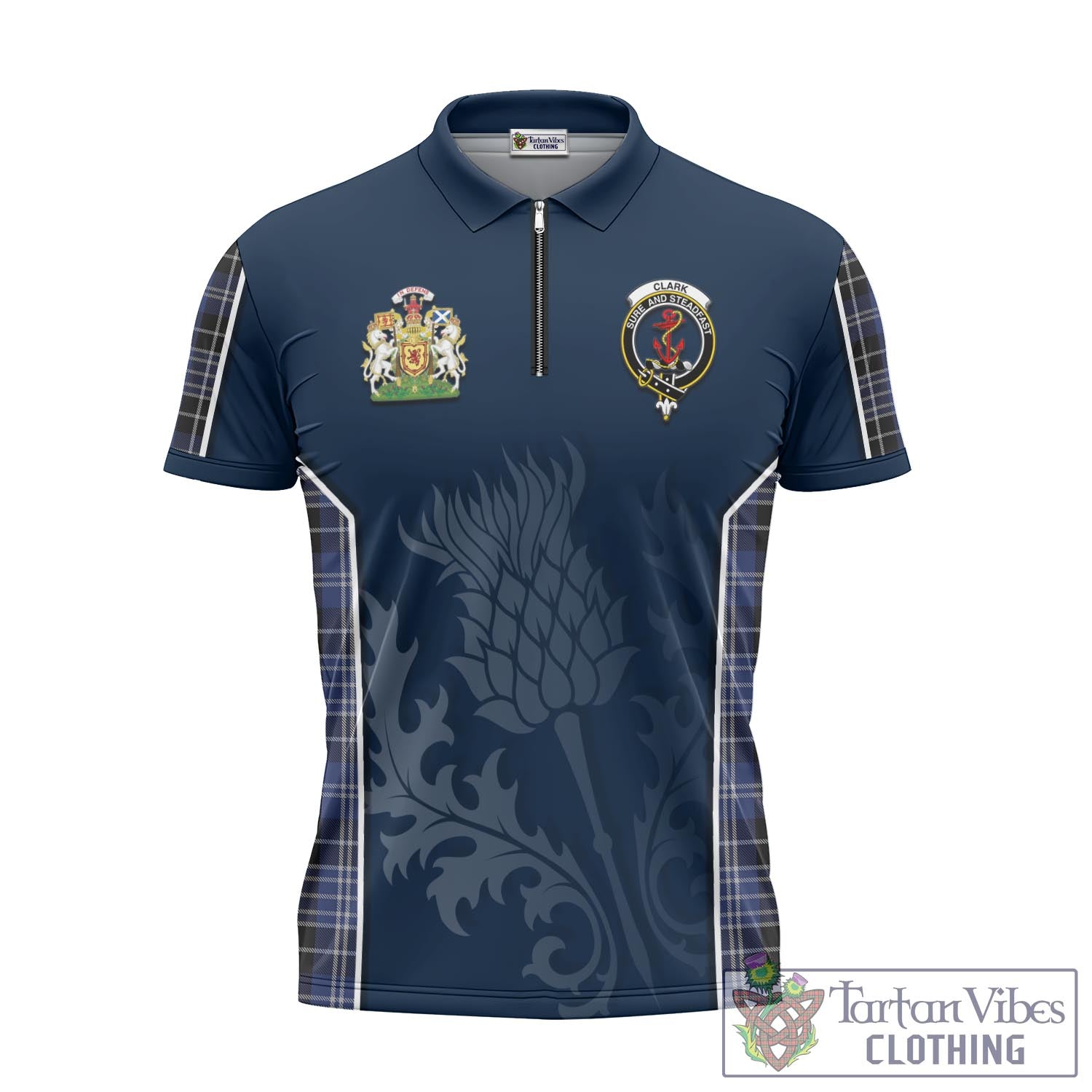 Tartan Vibes Clothing Clark Tartan Zipper Polo Shirt with Family Crest and Scottish Thistle Vibes Sport Style