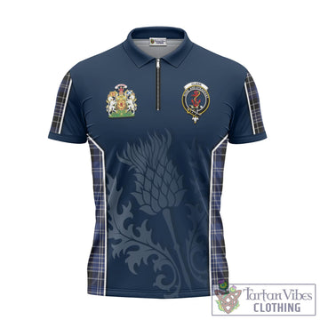 Clark (Clarke) Tartan Zipper Polo Shirt with Family Crest and Scottish Thistle Vibes Sport Style