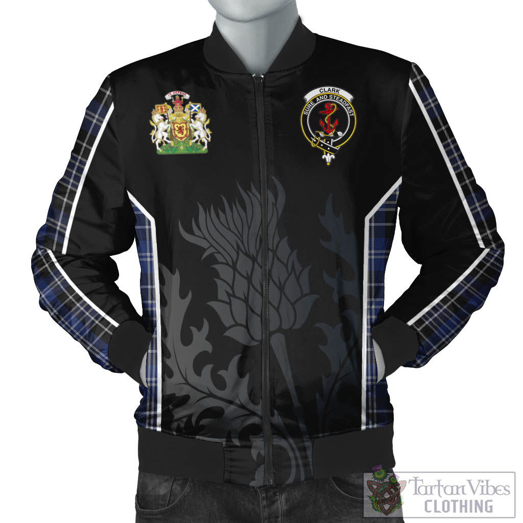 Tartan Vibes Clothing Clark Tartan Bomber Jacket with Family Crest and Scottish Thistle Vibes Sport Style